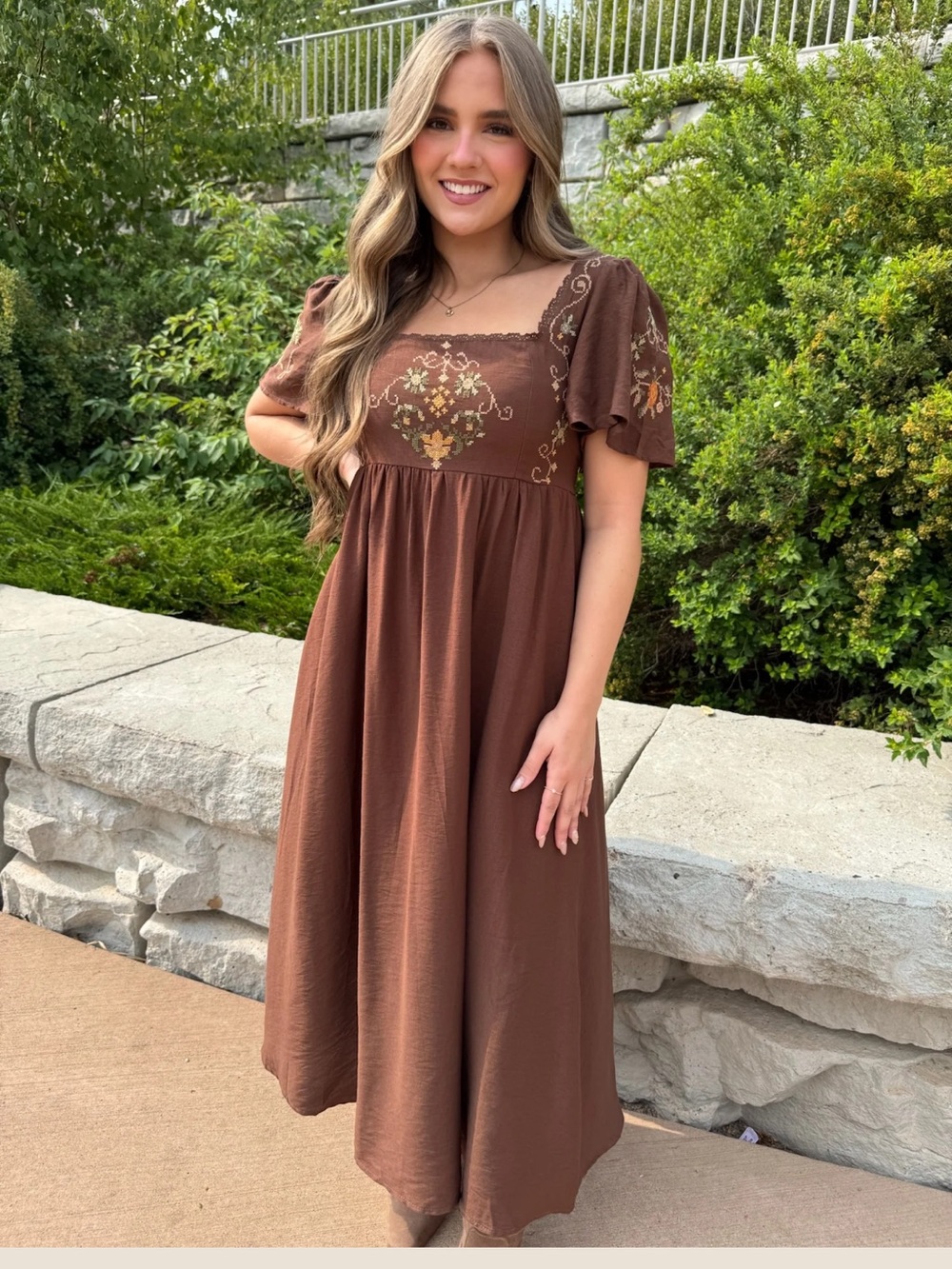 Brown Embroidered Cotton Maxi Dress